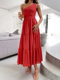 Summer Green Long Dress Women Elegant One Shoulder Dress Ladies Floral Print Maxi Party Pleated Dress For