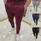 Spring Autumn Mid Waist Skinny Long Pants Business Casual Men's Slim Trousers Fashion Striped Printing Pencil Pants For