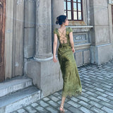 Green V-Neck Satin Jacquard Dress Women's Backless Sexy Maxi Dress Summer Ladies Robe Vintage Vestidos Female