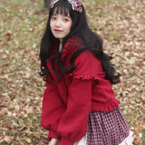 Lolita Cute Jacket Women Japanese Sweet Ruffles Kawaii Coat Tops Thicked Warm Cropped Hooded 2024 Chaqueta