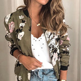 Casual Floral Printed Bomber Jacket Autumn Elegant Zipper Coat Office Wear Slim Office Jackets Vintage Outwear