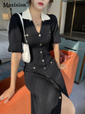 Elegant Puff Sleeve Knitted Sweater Dress Women Clothes 2022 New Lapel Single-breasted Ice Silk Fabric Knit