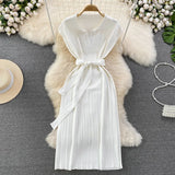 Zingj Summer Korean Version Retro Temperament Short Sleeve Polo Collar And Waist Show Thin Bow Tie With A-Line Knit