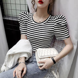 Summer Girls O-neck T-shirts Tops Woman Slim Short Puff Sleeve Vintage Striped T-shirt Tee