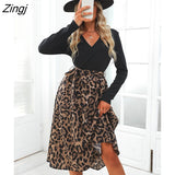 PETAL Black Leopard Belted Midi Dress For Woman Sexy V-neck Long Sleeve Party Dress 2023 Autumn Winter Female