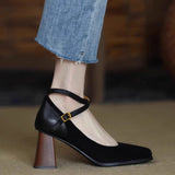 Zingj And Autumn New High Heels Female Suede Retro Square Head Thick With Cross Buckle Belt Korean Version Of Shallow Mouth Mary Jane Single Shoes Female-Outfit