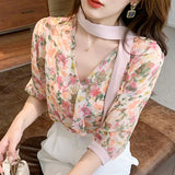 Floral Print Chiffon Blouse Women Korean Elegant Bow Tie Scarf Collar Sweet Shirts Loose Casual Short Sleeve Tops