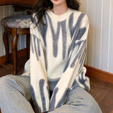 Winter Fashion Vintage Women Geometric Print O-neck Pullover Long Sleeve Loose Knitted Oversize Sweater