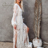 2022 Summer Vintage Women Sexy Maxi Dress Long Sleeve Embroidery See Through White Lace Long Beach