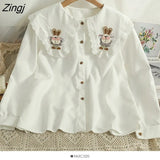 Embroidered Flowers Shirt Women Korean Peter Pan Collar Lolita Blouses Elegant Long Sleeve Single Breasted Blusas