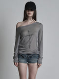 Cross Print Slant Shoulder Repair T-Shirt Woman 2025 Old Old Feeling New