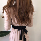 Autumn Korean Knitted Women Long Pleated Dress Women Long Sleeve Single-breasted A-line Dresses Elegant Ladies