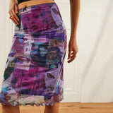 Gothic Face Portrait Print Midi Skirt E-girl Vintage High Waist Double Layers Mesh Straight Skirt Women Punk