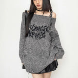 Gothic Sexy Off Shoulder Knitted Jumpers Grunge Jacquard Sweater Fashion Knitwear Y2k Aesthetic Slash Neck