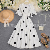 Zingj Big Wave Point Foreign Air Horn Short Sleeve Temperament V Neck Tie Closed Waist Show Thin Long Dress Female Summer