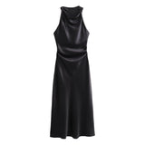 2025 New Fashion Round Collar Sleeveless Black Silk Satin Texture Dress Women