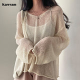 Lazy Style Full Sleeves Jumpers Tops Hollow Out Sexy Women Fashion Casual Streetwear Chic Femme Sweaters