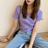 Women Summer Lovely Korean Preppy Style Basic Edible Tree Fungus Sweet Girl Solid Tops Thin Knitted Short Sleeve