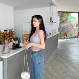 Yarn Short-sleeved T-shirt Women Slimming Korean Retro Square Collar Short Ruffle Folds Crop Top For Kawaii Girl Top