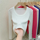 Photos U-neck Knitted Sweater For Women's Autumn Long Sleeved Top Girls Simple Base Jumper