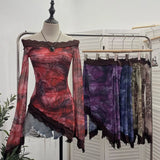 Tie-Dyed Leopard Print Lace Spliced Double-Layer Mesh Shoulder Irregular Loudspeaker Top