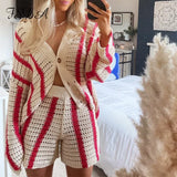 Knitted Long Sleeve Cardigan Women Red Stripe Loose Autumn Winter Fashion Casual Sweater Top V Neck