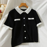 Summer Japanese Style Turn-down Collar Short Sleeve Thin Short-sleeved Ice Silk Knit Womens Shirt Coats Tops