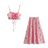 Print Long Skirts For Women Fashion 2023 Pink Floral Skirt Woman Fashion High Waist Midi Skirt Sets Pleated Summer
