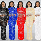 Zingj Fashion Women's Mesh Hot Drill Perspective Long-Sleeve Dress Two-Piece