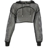 Fashion Sexy Grid Hollow Hooded Hoodie Short Hooded Net Yarn Women's