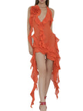 Sexy Y2K Ruffles Fairy Dresses Halter 3D Flower Dress Asymmetrical Mesh See Through Beach Party Club Outfits