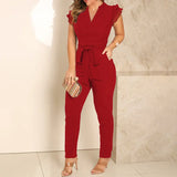 Summer Autumn Fashion Women V-neck Flying Sleeve Pleated Jumpsuit Casual Solid Color Leggings Outfits With