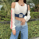 Spring Fashion Patchwork Women T-shirt 2021 New Sexy Off Shoulder Rib Knitted Letter Slim Wild Streetwear Female