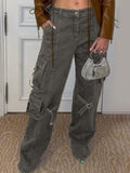Vintage Streetwear Y2K Pink Baggy Cargo Pants 90s Fashion Big Pocket Trim Wide-Leg Full Length High Waist Trousers