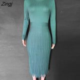 Women Knitted Long Dress Ribbed Elegant Midi Bodycon Sweater Dress Official Ladies Bandage Pleated Dresses
