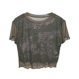 Vintage Wood Ear-Print Letter-Printing Mesh T-Shirt Summer Thin Short-Navel Blouse