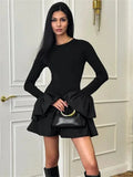 Ruffled Patchwork Long Sleeve Mini Dress- Outfit