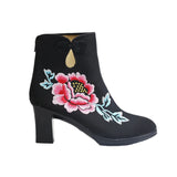 Zingj Boots Ankle Boots Embroidered Cloth Shoes Spring High Heels Velvet Canvas Thick Heel Plus Size Short Leg