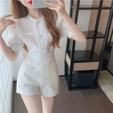 Summer Women's Shorts Suit Casual Fashion Ladies Wind Short Puff Sleeve Top and High Waist Slim Wide Leg Shorts 2 Piece