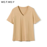 2022 Summer Casual Solid V-Neck T-shirt Women Knitted Cotton Basic Short Sleeve Tops Female Soft White Tee Shirt