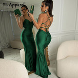 Women Elegant Spaghetti Strap V-neck Long Maxi Evening Dress 2022 Spring Summer Backless Bodycon Lace Up Bandage Party