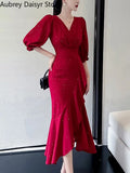 Midi Red Mermaid Dress Women Autumn Korean Sexy V-neck Irregular Sequins Dress Vintage Casual Evening Party Dress