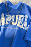 American Letter Embroidery Chain Tees Women Tshirts O Neck Y2k Hip Hop Cotton Tops Half Sleeve Harajuku