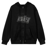Y2K Fashion Rhinestone Zipper Oversized Hoodies E-girl Vintage Solid Letter Long Sleeve Black Sweatshirts Autumn