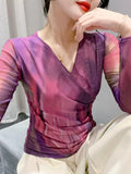 Autumn Wrinkled Cross V-Neck Long Sleeve Mesh T-shirt Women High Stretch Printing Fashion Slim Base TShirts