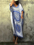 Indie Folk Printed Caftan Beach Dress Side Split Half Sleeve Women Summer Beachwear Long Cotton Robe de plage