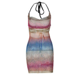 Women Summer Sleeveless Halter Striped Printed See Through Party Mini Dress Sundress 2021 Female Clothing