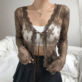 Women Sexy See Through Cardigans Y2K Long Sleeve Lace Mesh Lace Vintage Lace Up Crop Tops Streetwear
