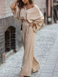 Women 2022 V Neck Shirts & Straight Long Suits Pants Outfit Loose Solid 2 Piece Sets Autumn New Commute Long Sleeve Belt