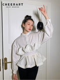 Spring 2022 Womens Fashion Blouses Lantern Sleeve White Peplum Top Stand Collar Long Sleeve Designer Tunic Top